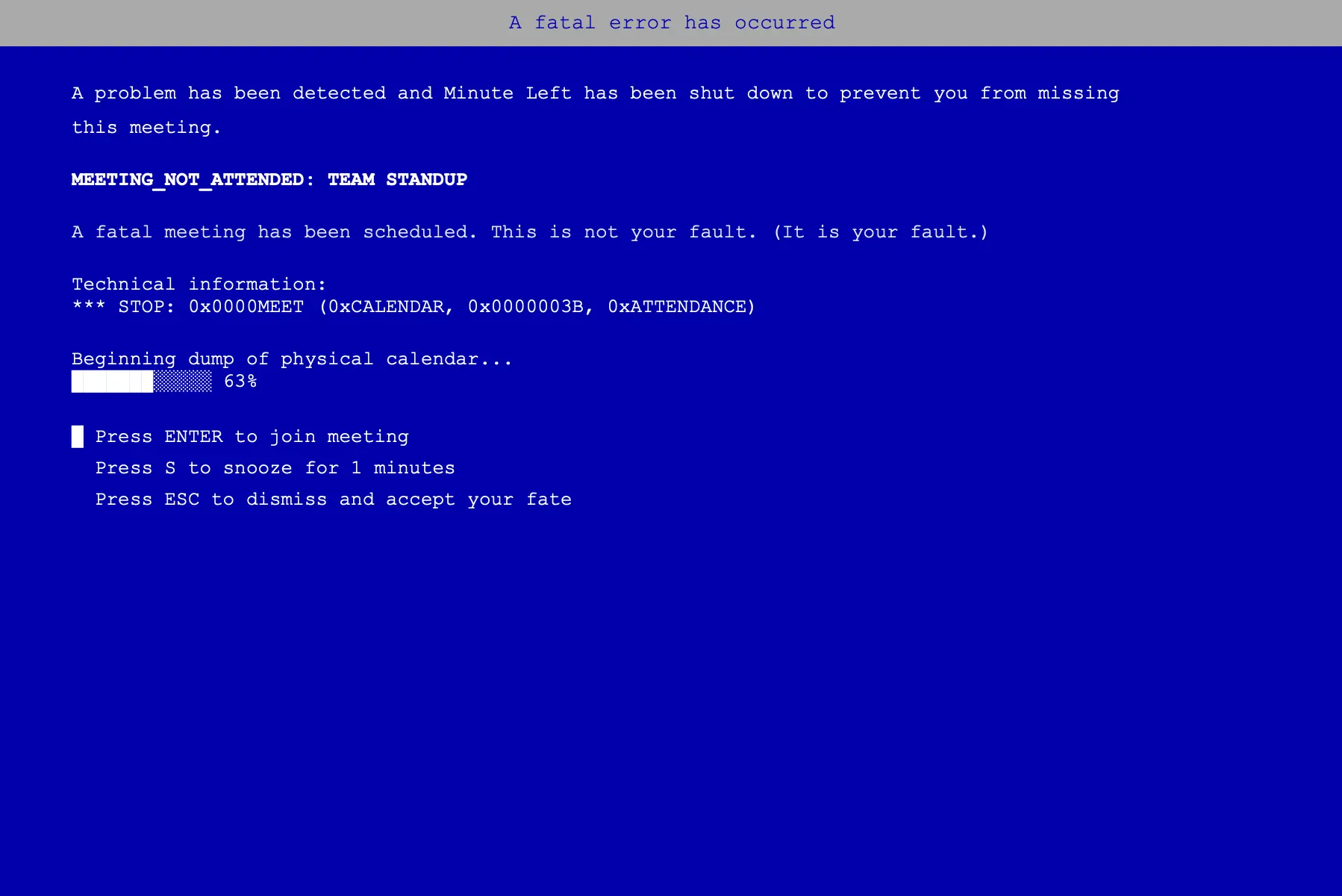 Full BSOD theme — a blue-screen-of-death meeting alert