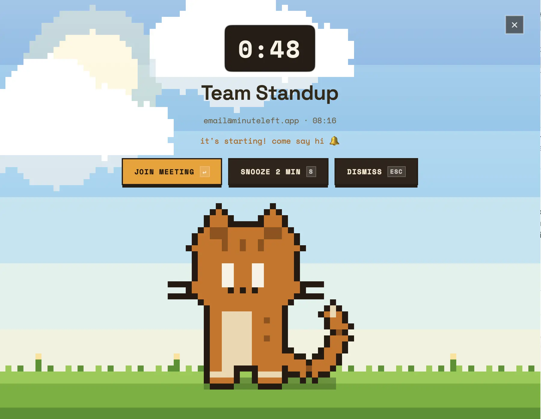 Pixel Companion theme — a retro 8-bit pixel-art character meeting alert