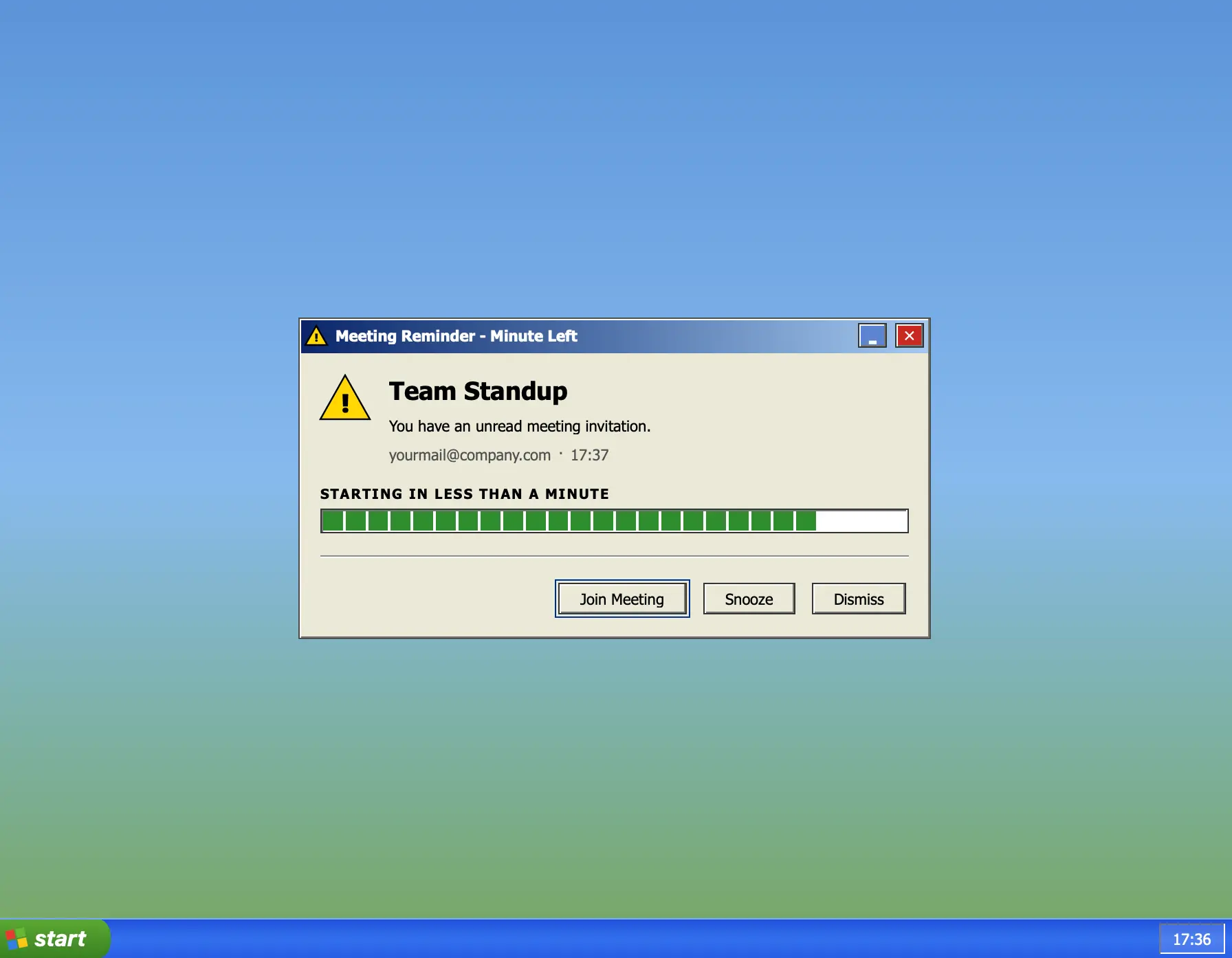 Windows XP theme — a retro XP dialog box meeting alert